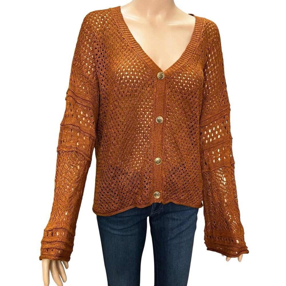 LC Lauren Conrad Open Knit Cardigan XL Rust Orange Bell Sleeve Fall Boho Button